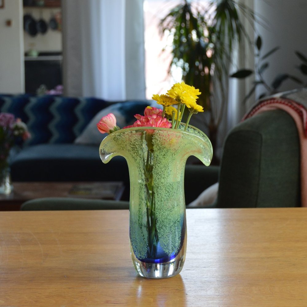 Unique Blue and Green Blown Glass Vase 8 inches Height 6 inches Width at Mouth